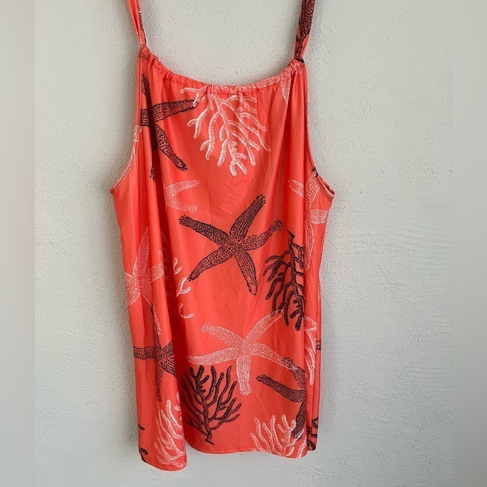LILY by Firmiana Woman Coral & Black Sea Life Tie- Neck Sleevelu Tunic, …